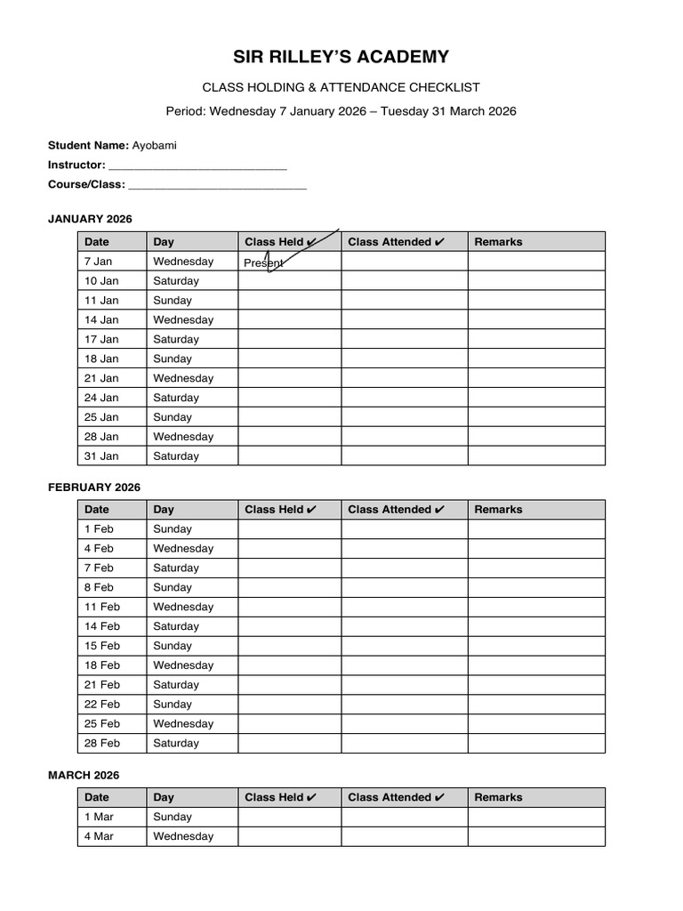 Sir Rilleys Academy Class Checklist Jan Mar 2026 | PDF