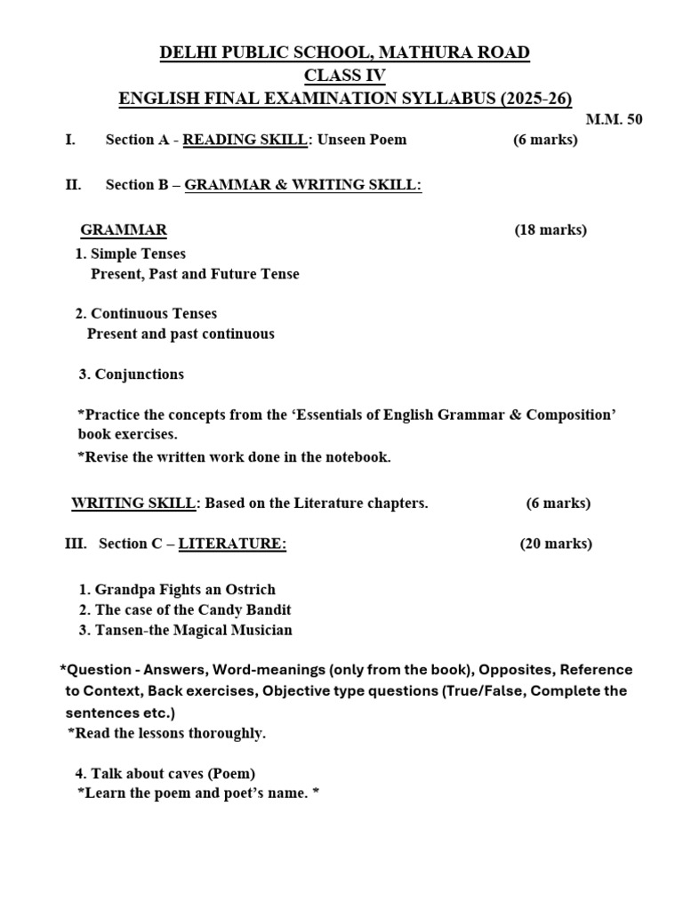 CL IV Eng Final Exam Syllabus 2025-26 | PDF