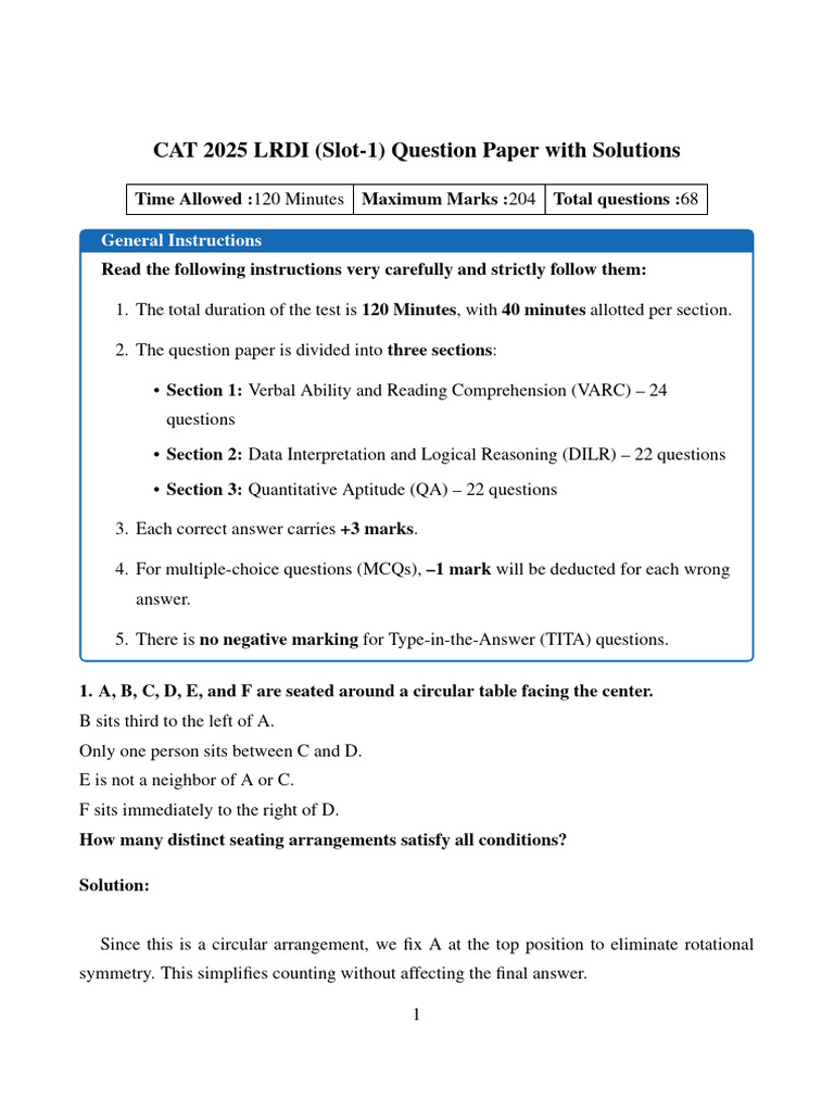 CAT 2025 LRDI Slot 1 Question Paper With Solutions | PDF | Mathematics ...