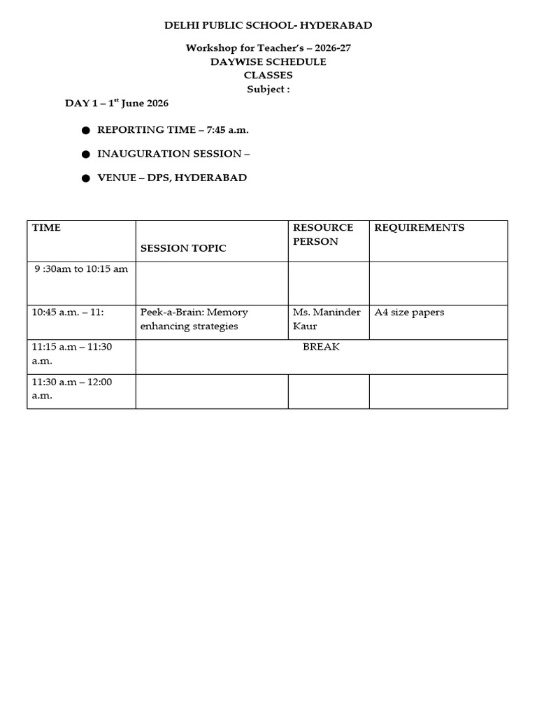 Format - Day Wise Plan For Workshop (2026-27) | PDF