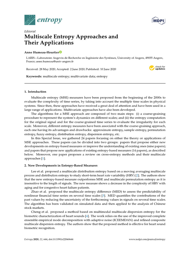 Multiscale Entropy Approaches and Their Applications | PDF | Mean ...