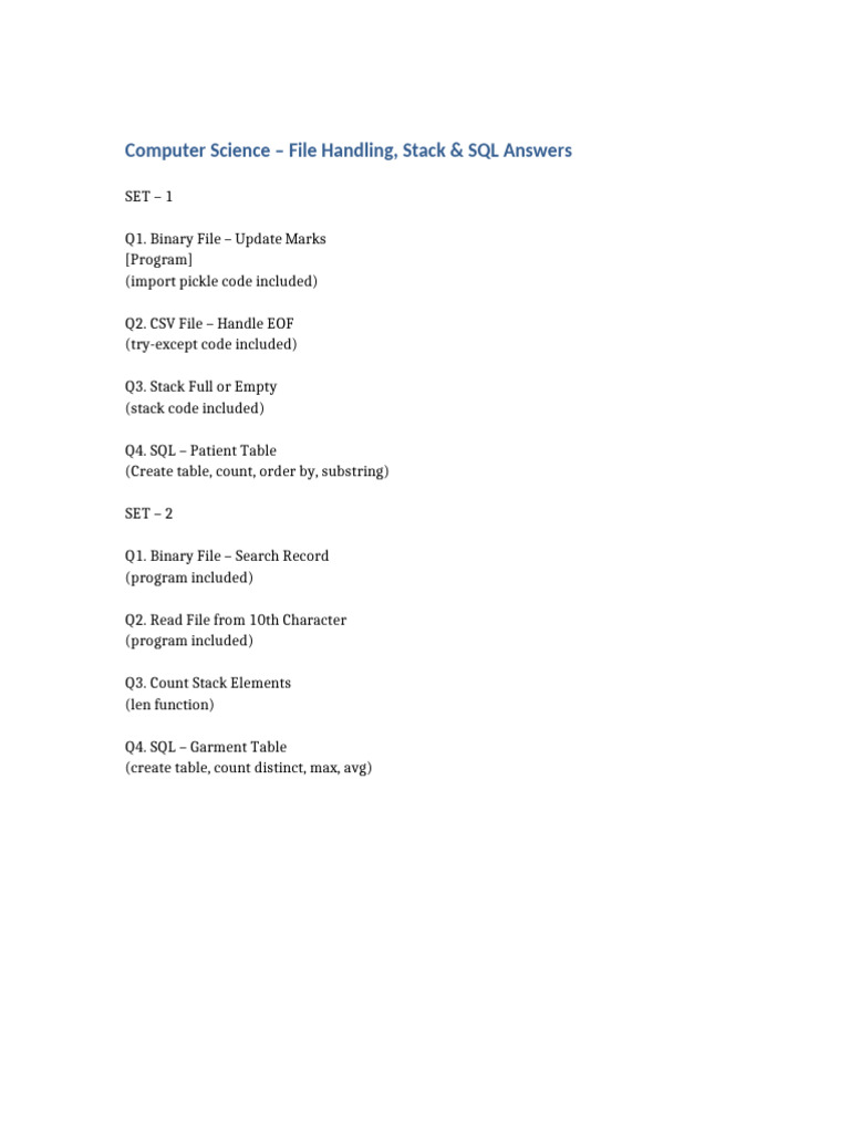 Class 12 CS FileHandling SQL Answers | PDF