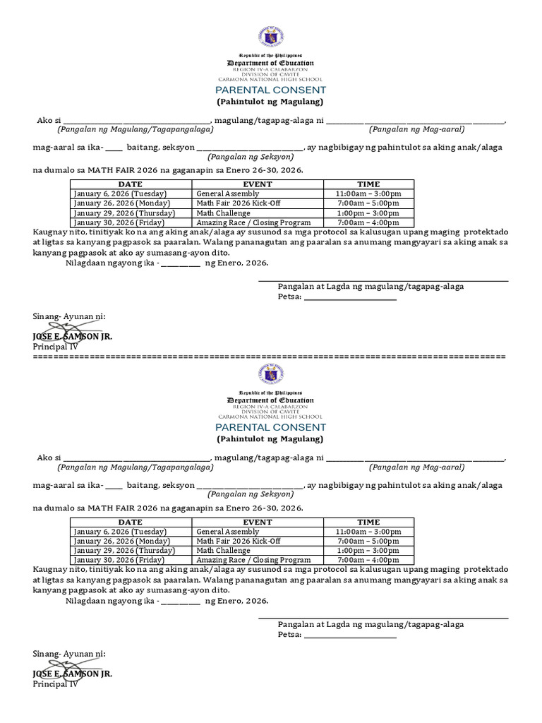 Parental Consent Math Fair | PDF