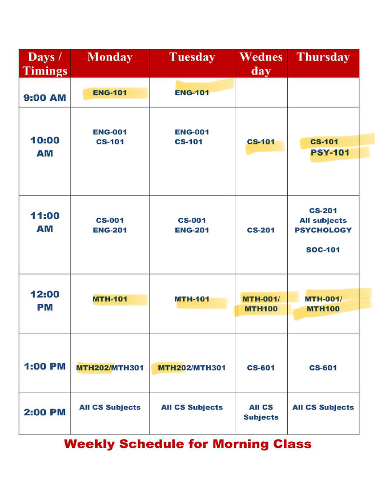 Physical Classes Timetable Mon-Sat | PDF