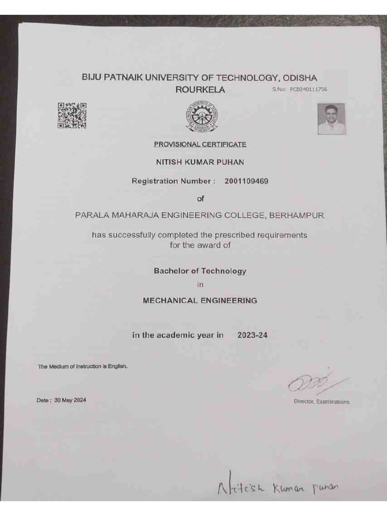 BTech Provisional Certificate Nitish Kumar Puhan | PDF