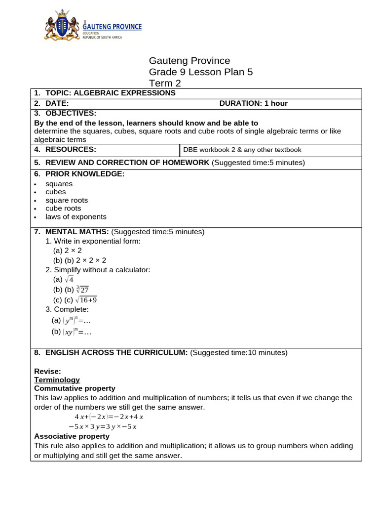 Grade 9 Term 2 Algebraic Expressions Algebraic Language (Lesson Plan 5 ...