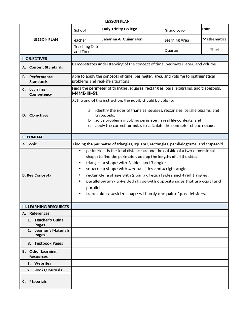 5e Lesson Plan Template | PDF | Area | Rectangle