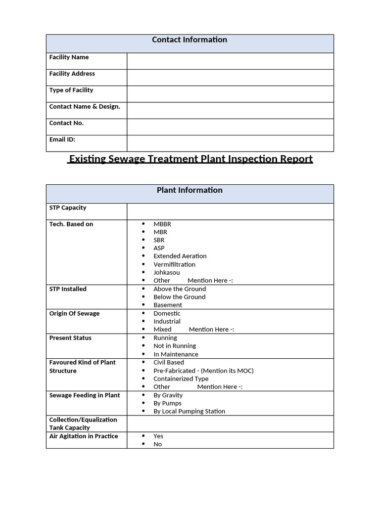 Existing Sewage Treatment Plant Inspection Report Format | PDF | Sewage ...