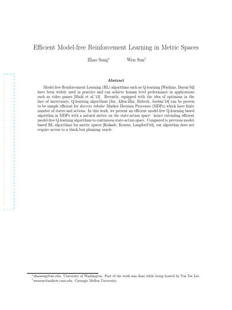 Efficient Model-Free Reinforcement Learning in Metric Spaces | PDF ...