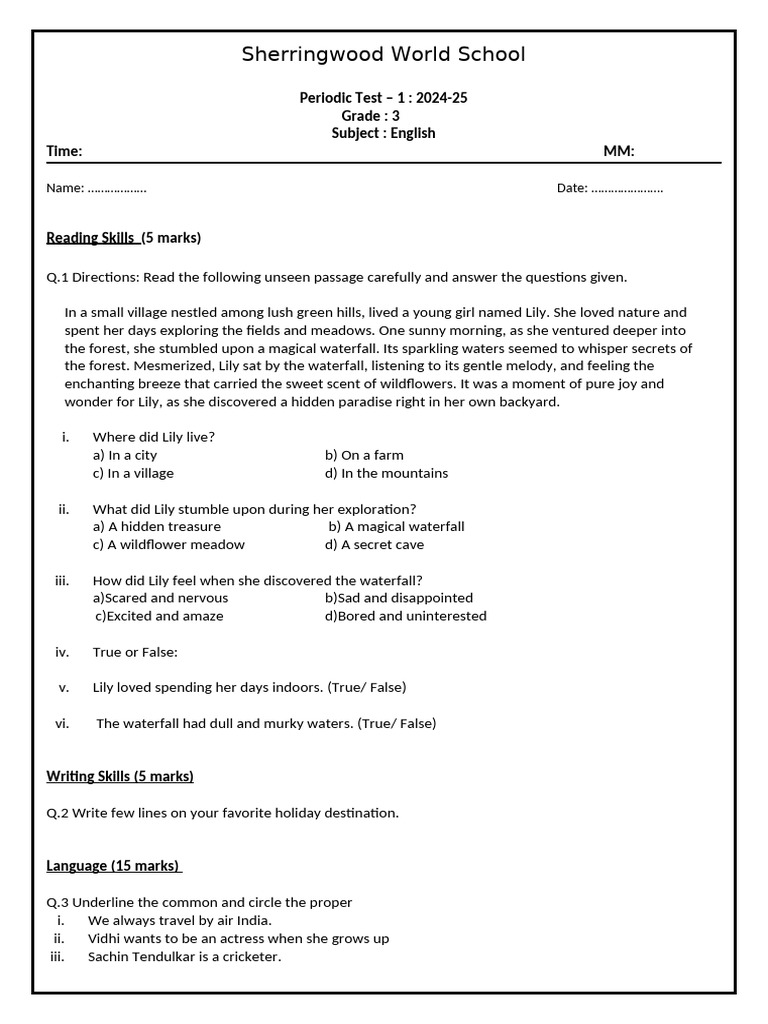 English Pt1 Grade 3 Question Paper | PDF