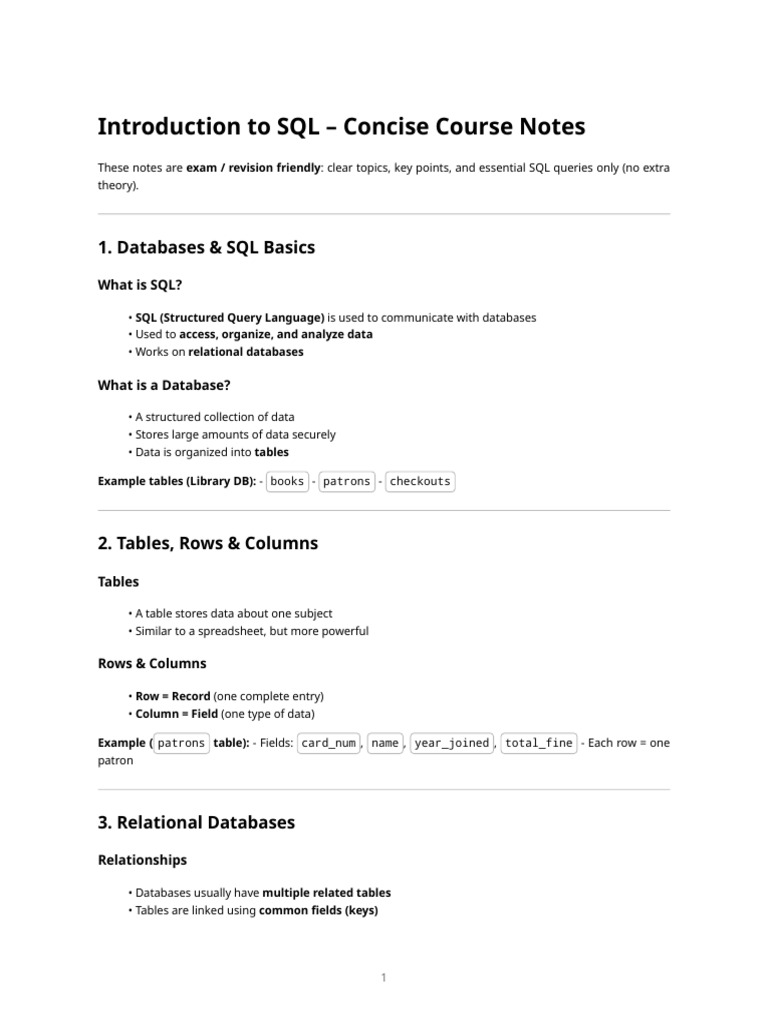 Introduction To SQL - Concise Notes | PDF | Sql | Table (Database)