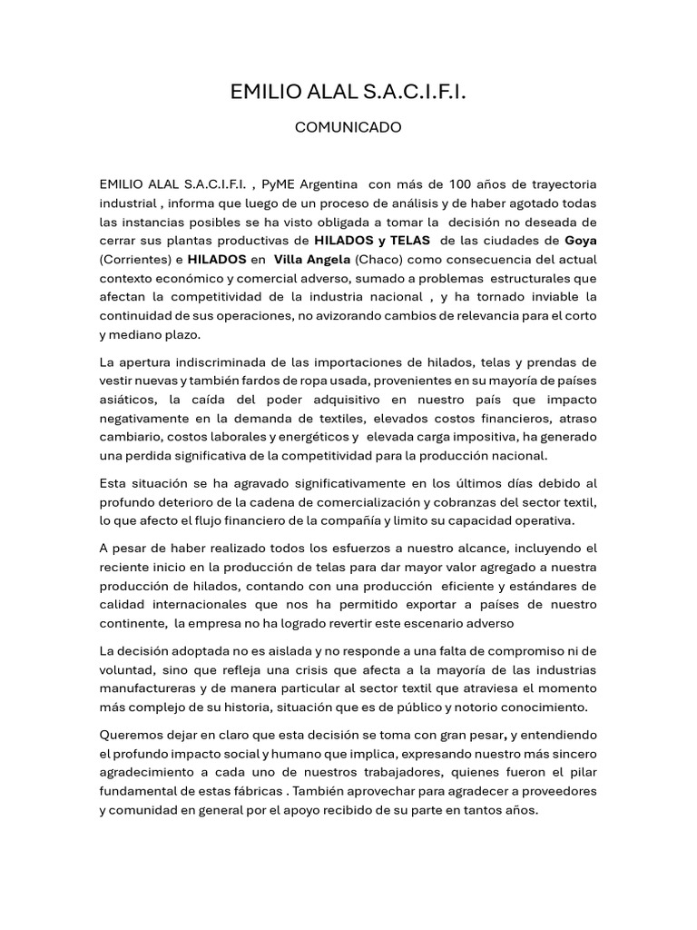 Emilio Alal s.a.c.i.f.i. Comunicado 25-01-2026 | PDF | Industria textil ...