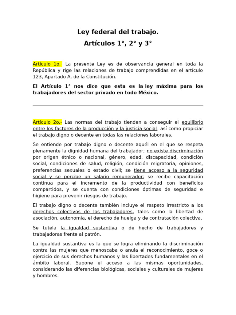 Ley Federal Del Trabajo Art 1, 2 y 3 | PDF | Discriminación | Igualdad ...