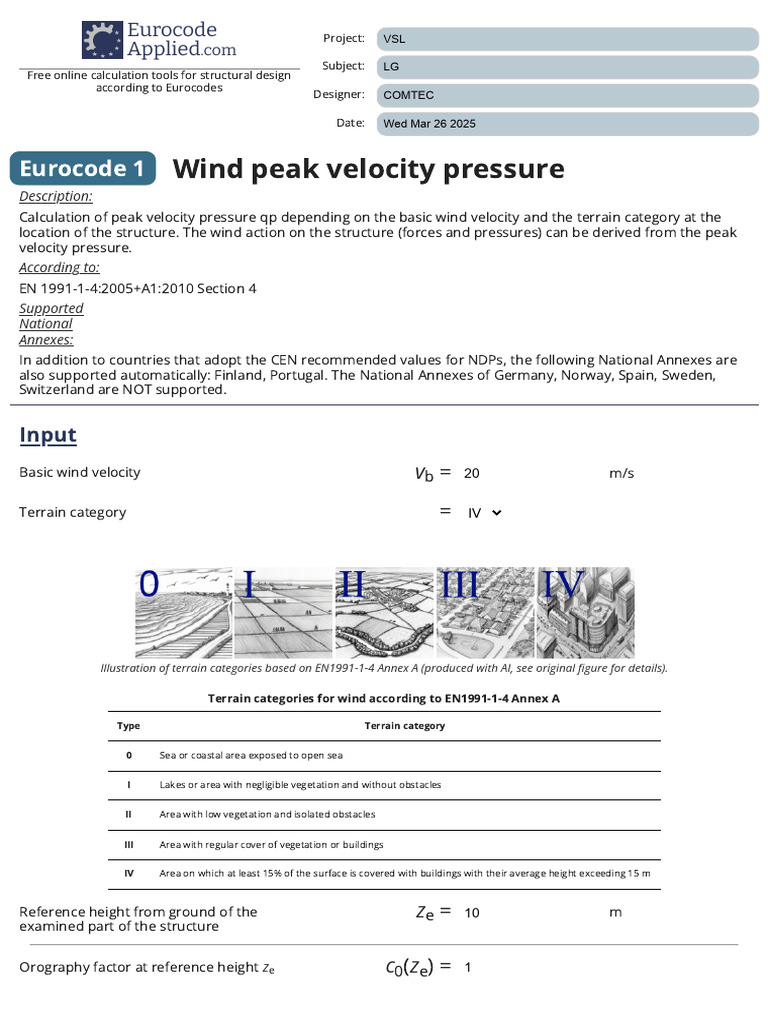 Calculation of Wind Peak Velocity Pressure - Eurocode 1 - 20m-s | PDF ...