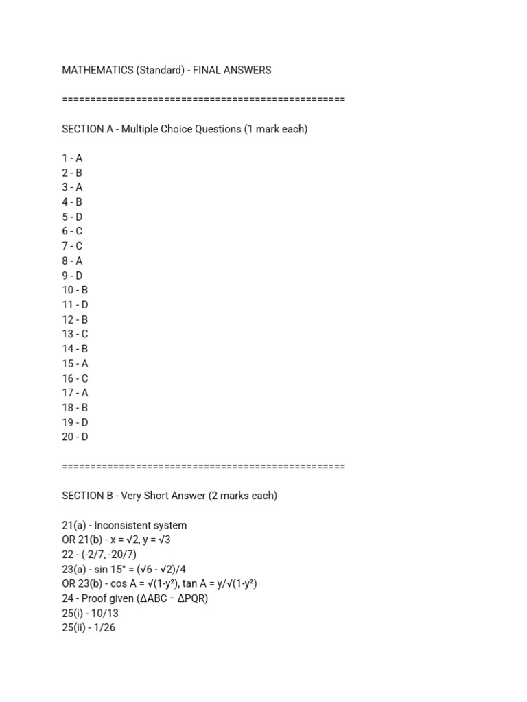 30-5-1 Mathematics (Standard) - Final Answers | PDF