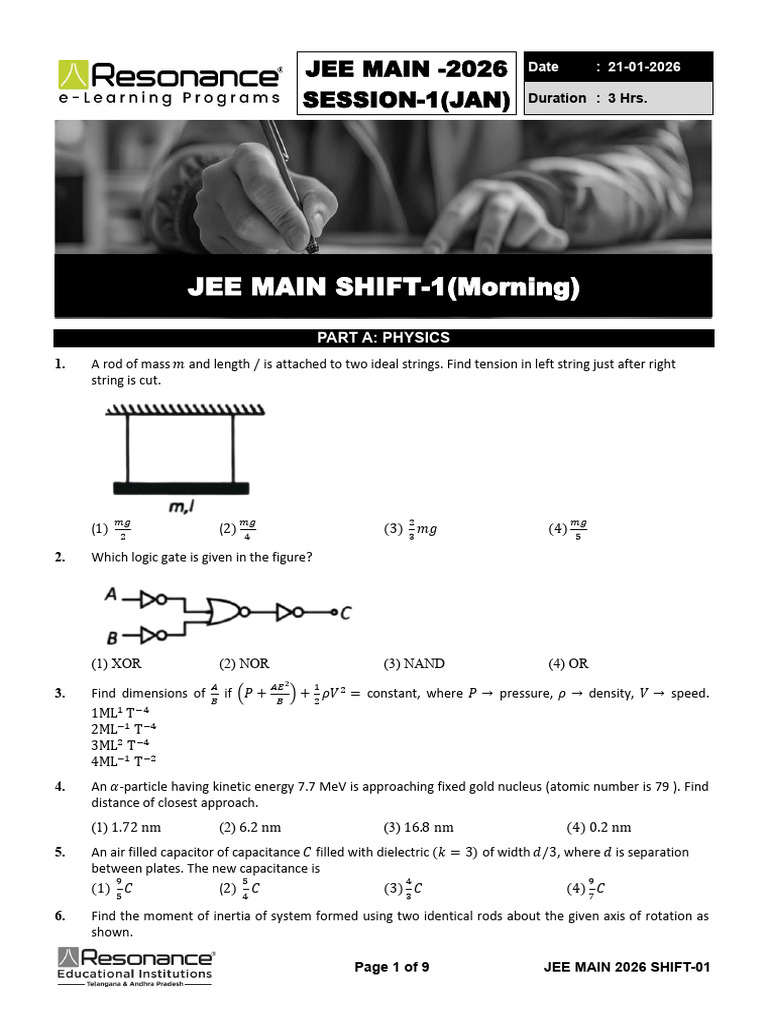 JEE MAIN 2026 JAN 21ST S-1 - QP& Key | PDF | Chemistry | Physical Sciences