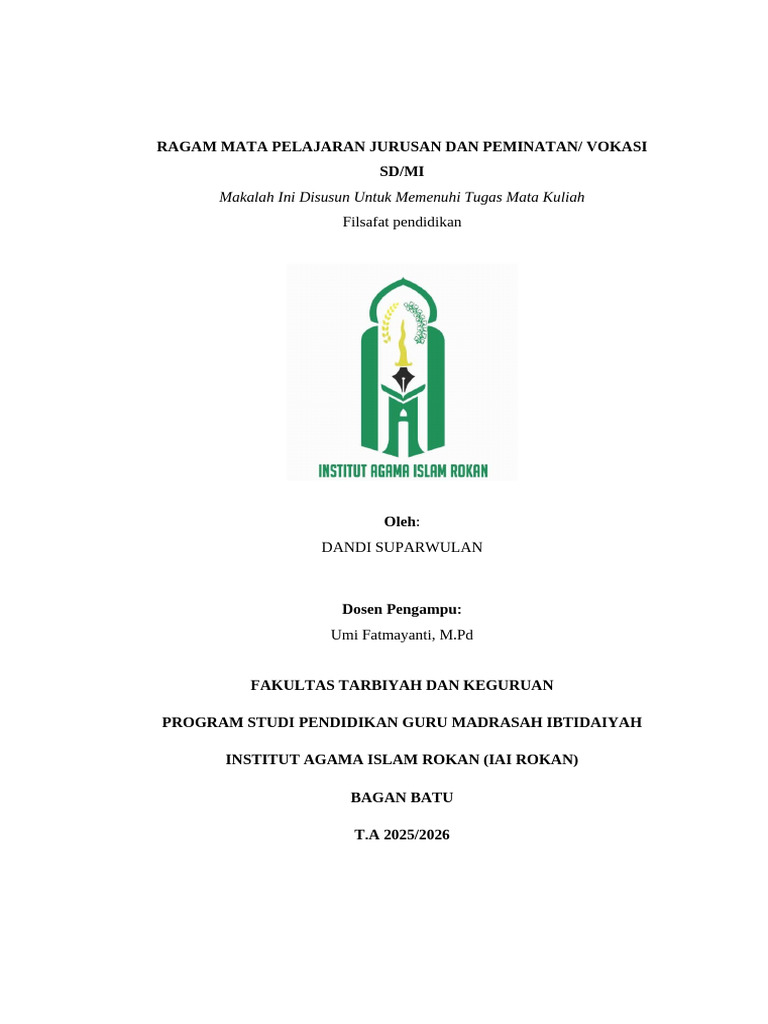 Ragam Mata Pelajaran Jurusan Dan Peminatan Vokasi SdMI | PDF