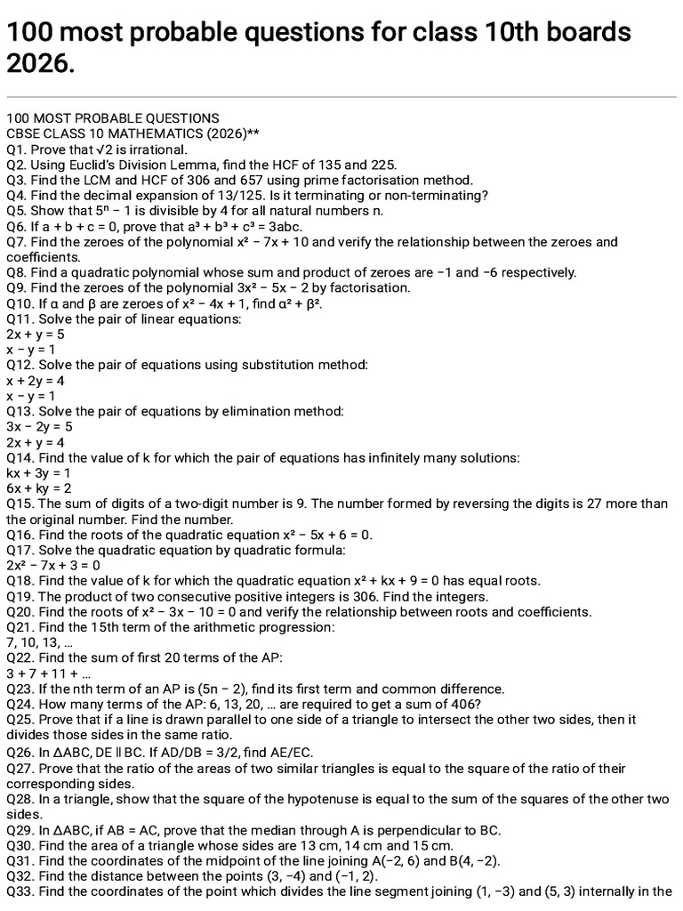 100 Most Probable Questions | PDF | Area | Circle