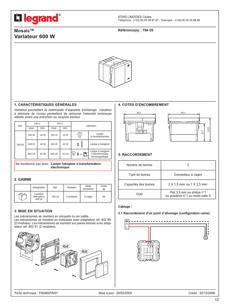 Documentation Technique Notice Legrand Mosaic 78405 | PDF