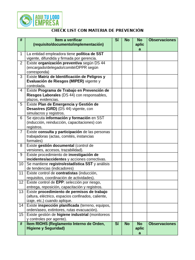 Check List Con Materia de Prevención | PDF | Higiene Ocupacional