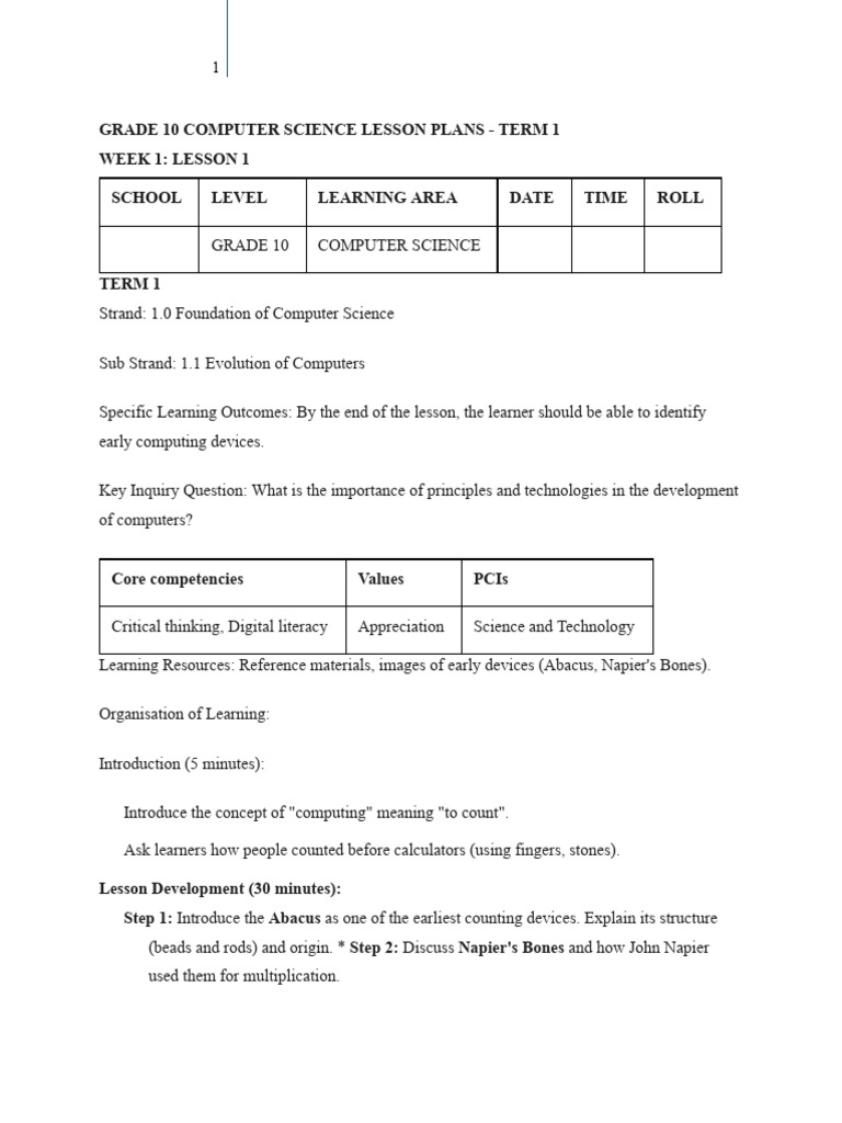 Grade 10 Term 1 Computer Science Lesson Plans | PDF | Random Access ...