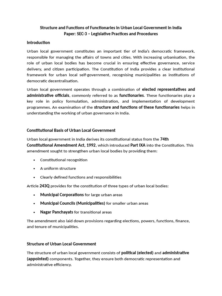 Structure and Functions of Functionaries in Urban Local Government in ...