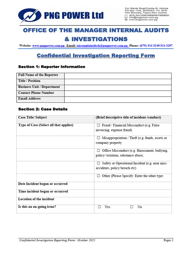 Confidential Investigation Reporting Form 08.10.25 | PDF | Evidence | Fraud