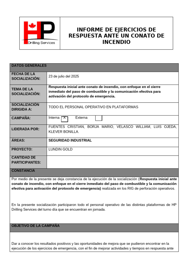 Socialización respuesta inicial ante conato de incendio | PDF