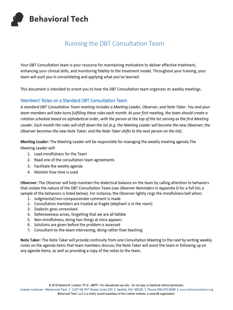 Running The DBT Consultation Team | PDF | Dialectical Behavior Therapy ...