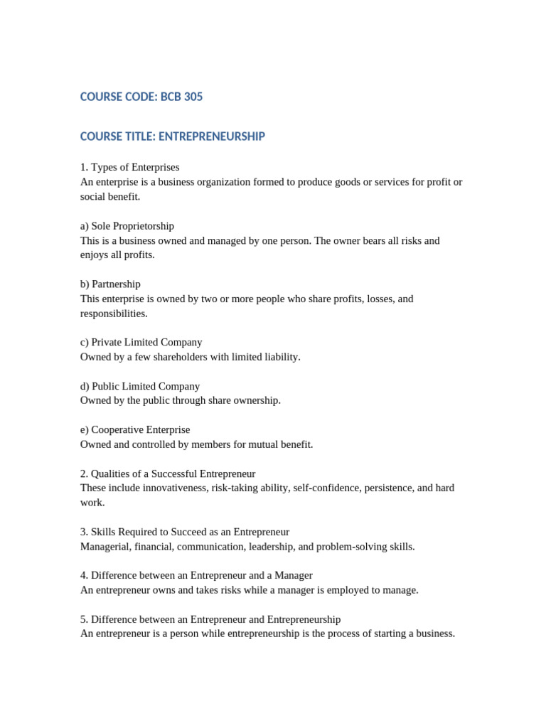 BCB 305 Entrepreneurship Take Away-2 | PDF