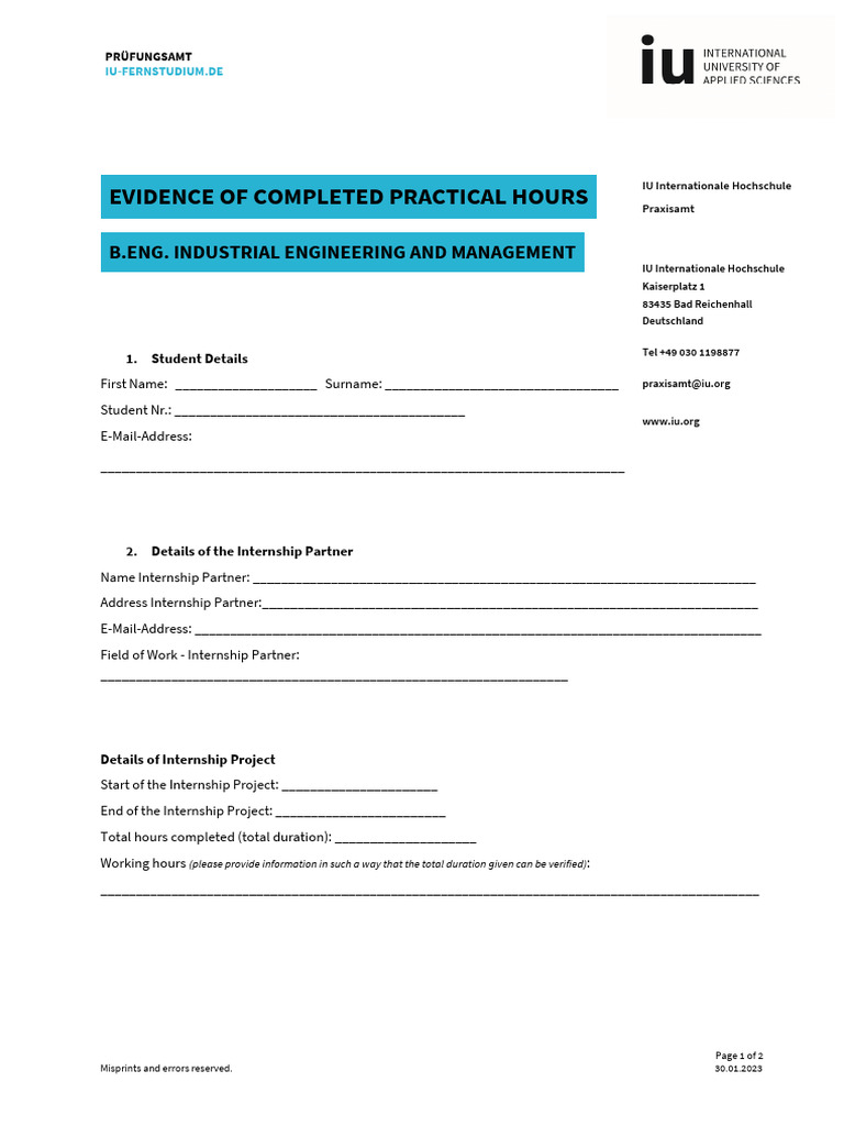 Evidence of Completed Practical Hours (B.eng. Industrial Engineering ...