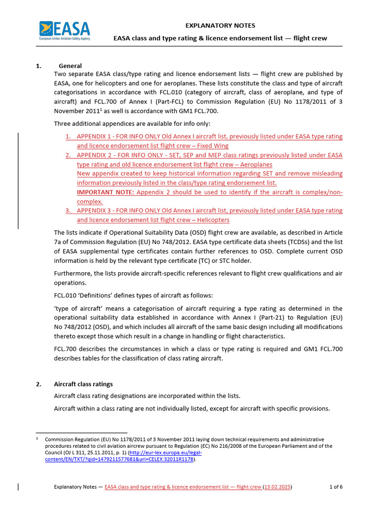 Explanatory Notes Class and Type Ratings and Endorsement List 004 | PDF ...