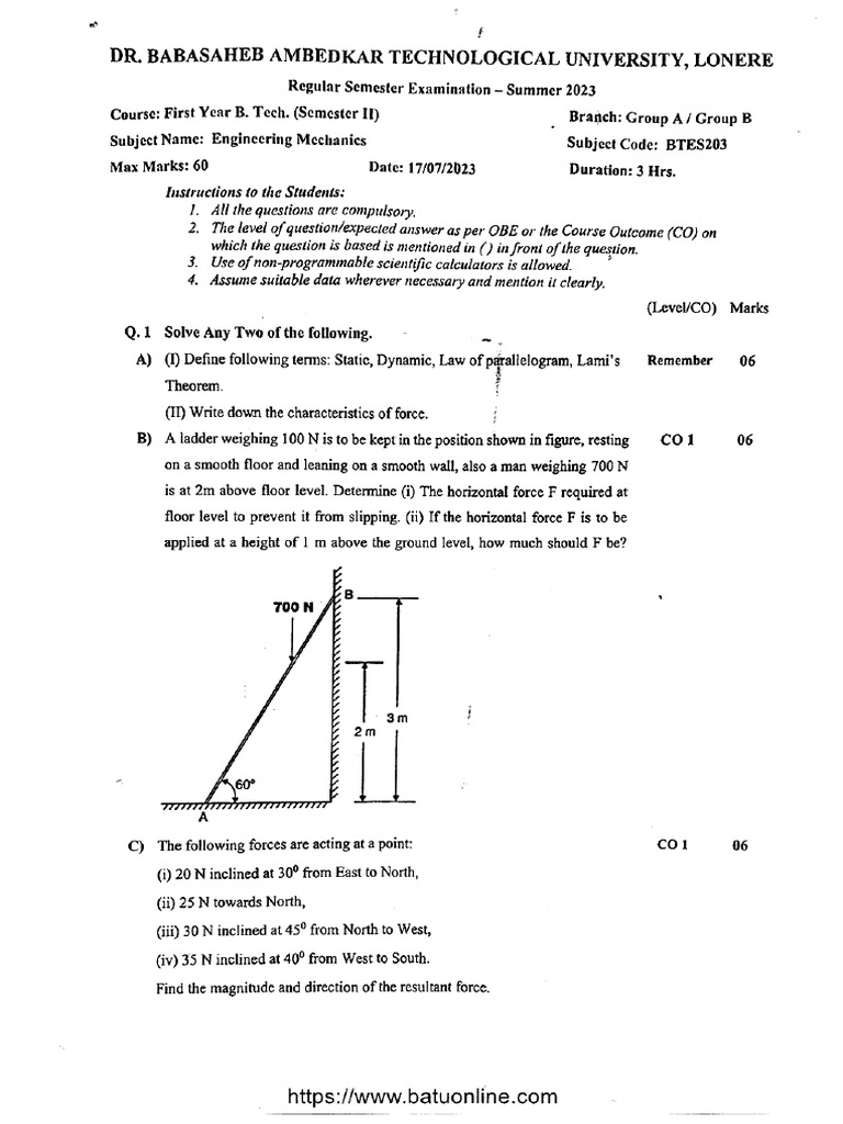 Btech 1 Year Engineering Mechanics Btes203 July 2023 | PDF