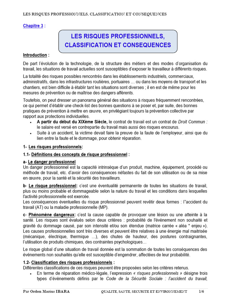 Les Risques Professionnels - Classification Chap3 | PDF | Risque | Sécurité