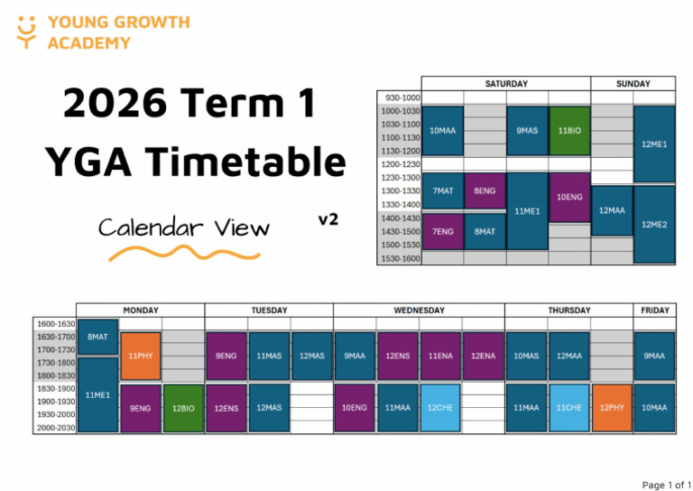 YGA Timetable 2026 T1 v2 | PDF