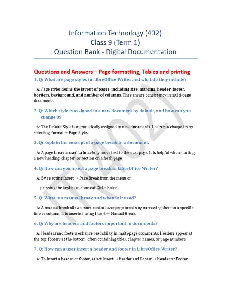 Information Technology (402) Class 9 (Term 1) Question Bank Digital ...