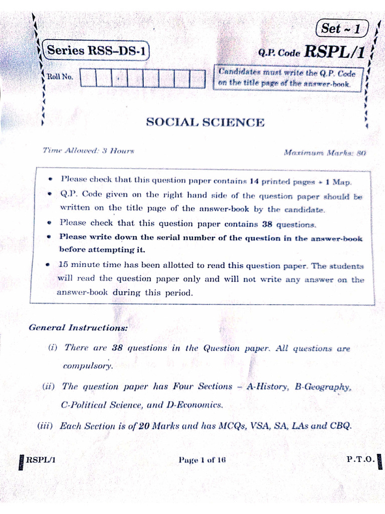 Class 10 Social Science Set - 1 | PDF