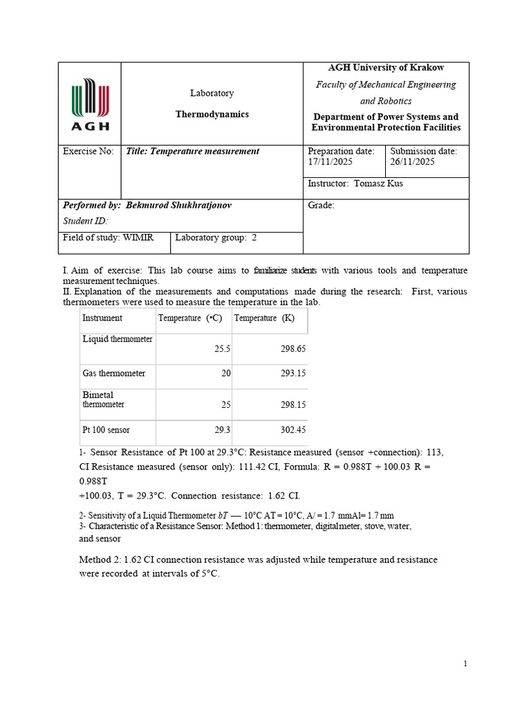 Report Template Thermodynamics Laboratory | PDF | Thermometer | Temperature
