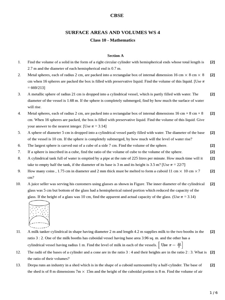 Surface Area and Volume WS 4 (Volume of A Combination of Solids) | PDF ...