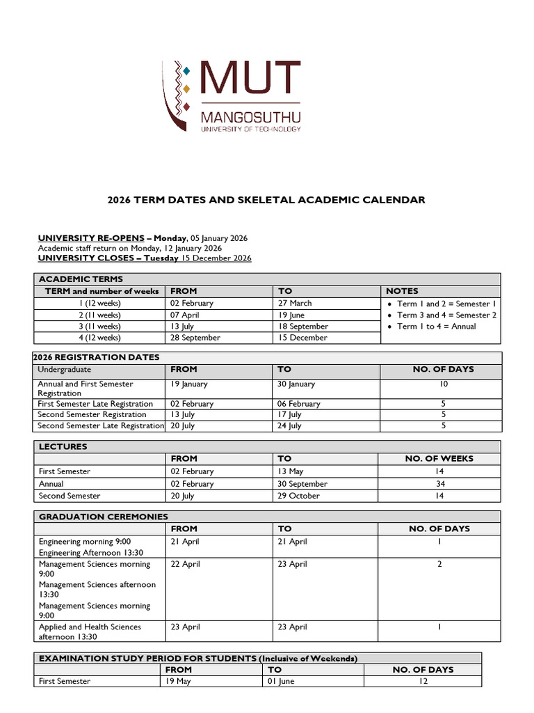 MUT Skeletal Academic Calendar For 2026 | PDF | Academic Term ...