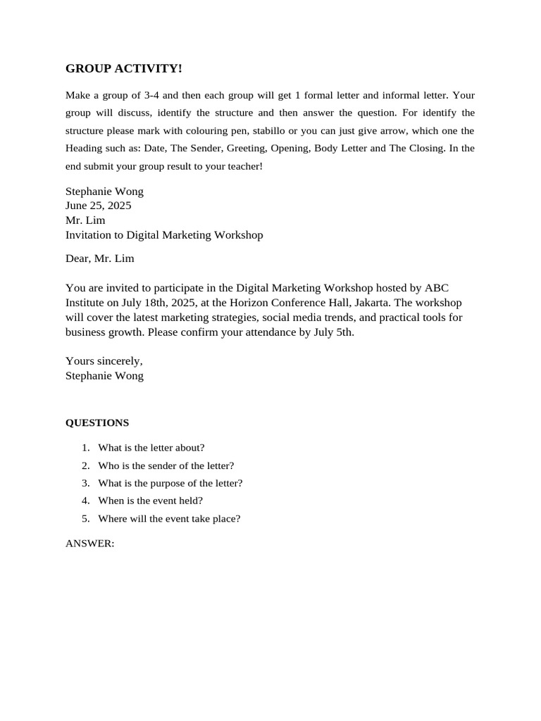 Group Activity Worksheet Formal Workshop Invitation | PDF