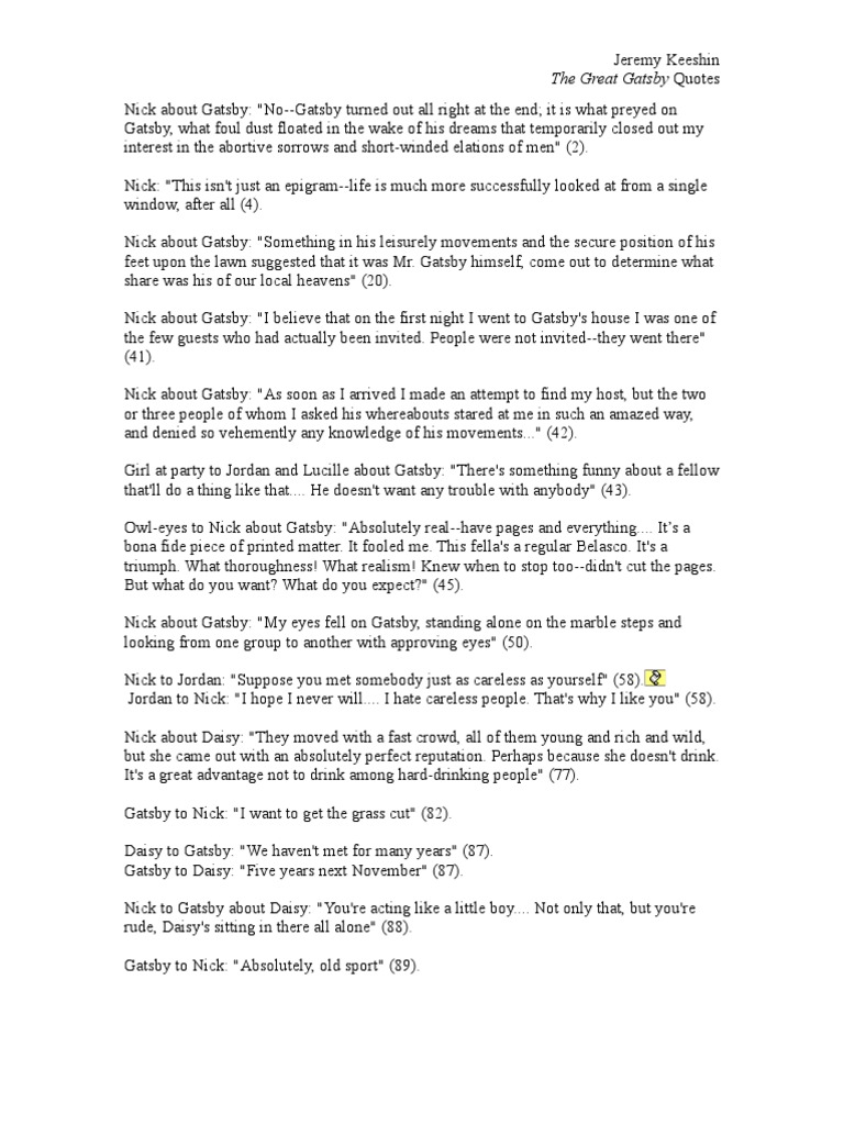 Great Gatsby Quotes The Great Gatsby
