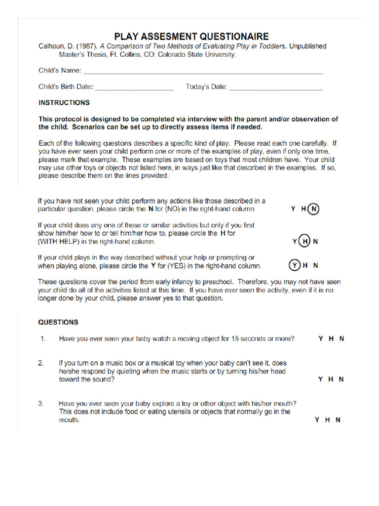 Play Assessment Questionaire | PDF