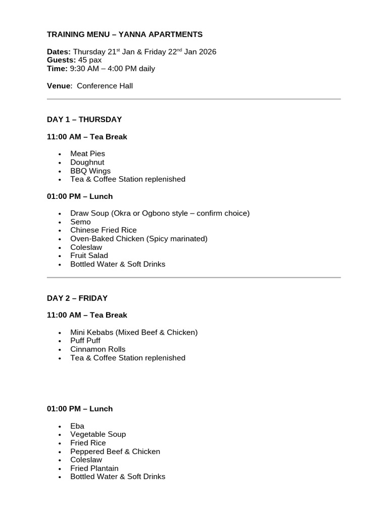 Training Menu | PDF