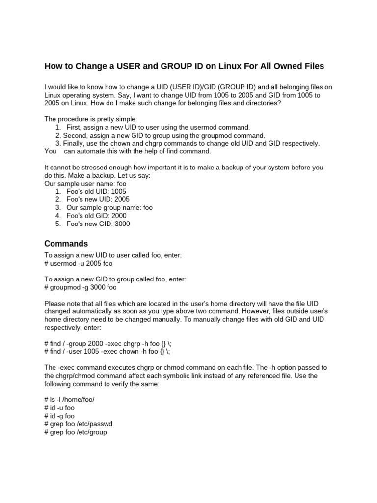 How To Change A USER and GROUP ID On Linux For All Owned Files | PDF