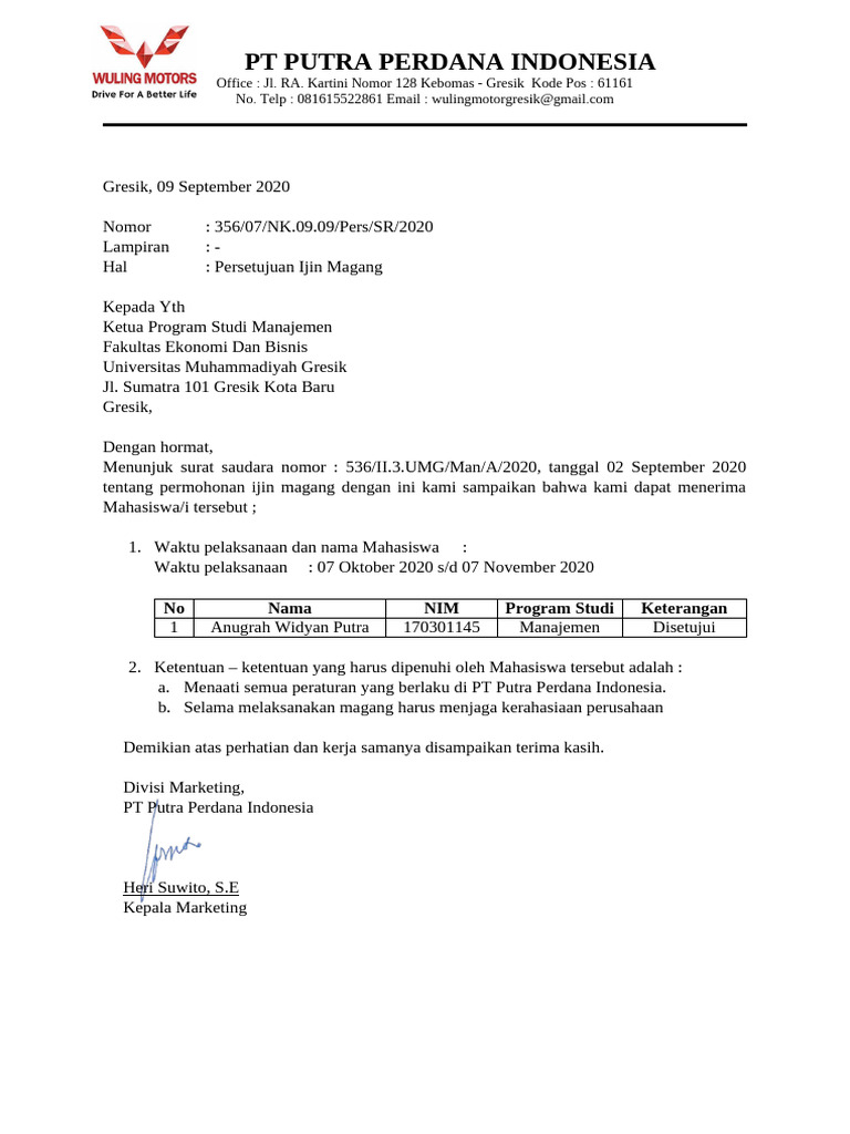 Surat Balasan Magang | PDF