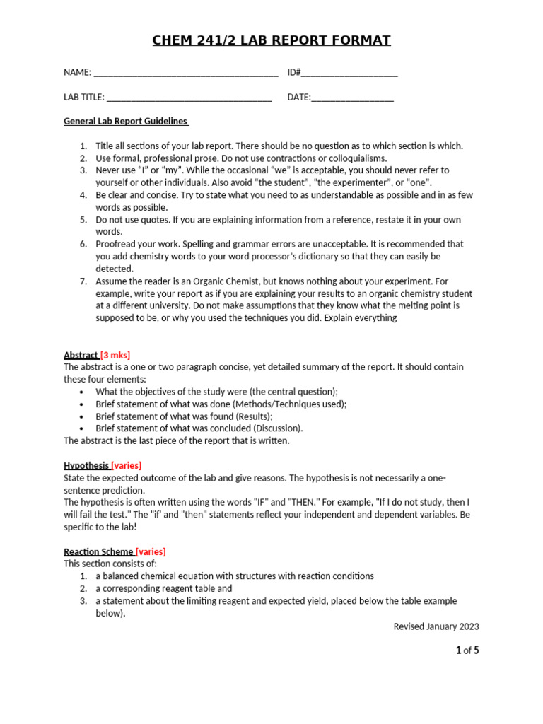 CHEM 241 242 Lab Report Format REV | PDF | Experiment | Acid