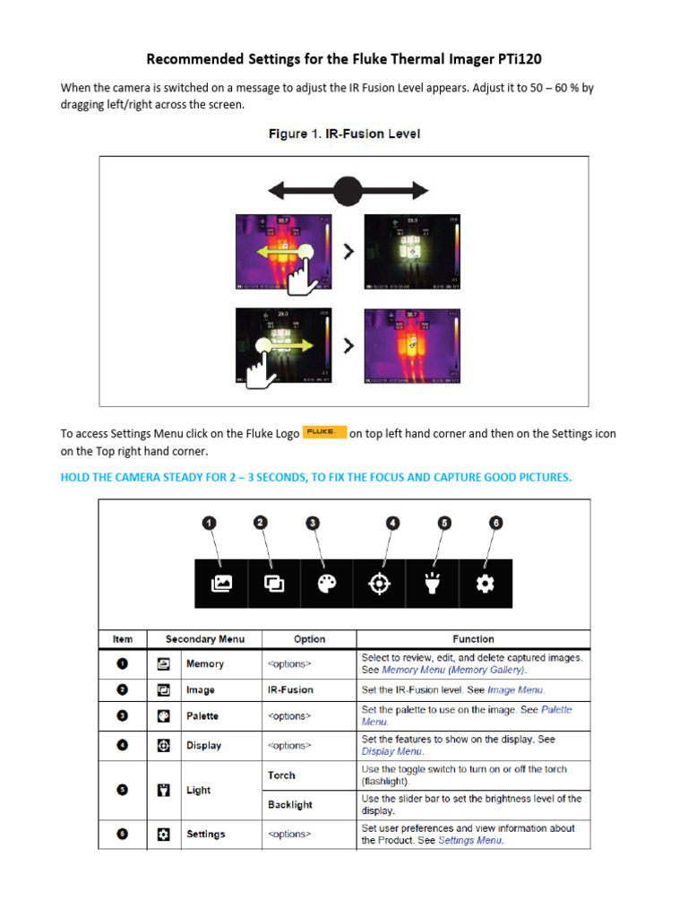 Recommended Settings For The Fluke Thermal Imager PTi120 | PDF