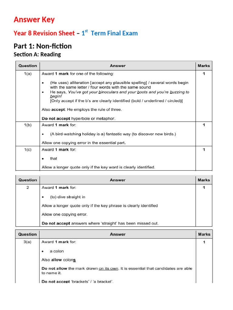 Year 8 Revision Answer Sheet | PDF | Adverb | Syntax