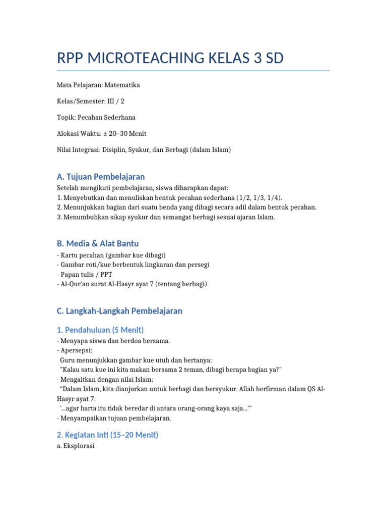 RPP Microteaching Pecahan Kelas3 | PDF